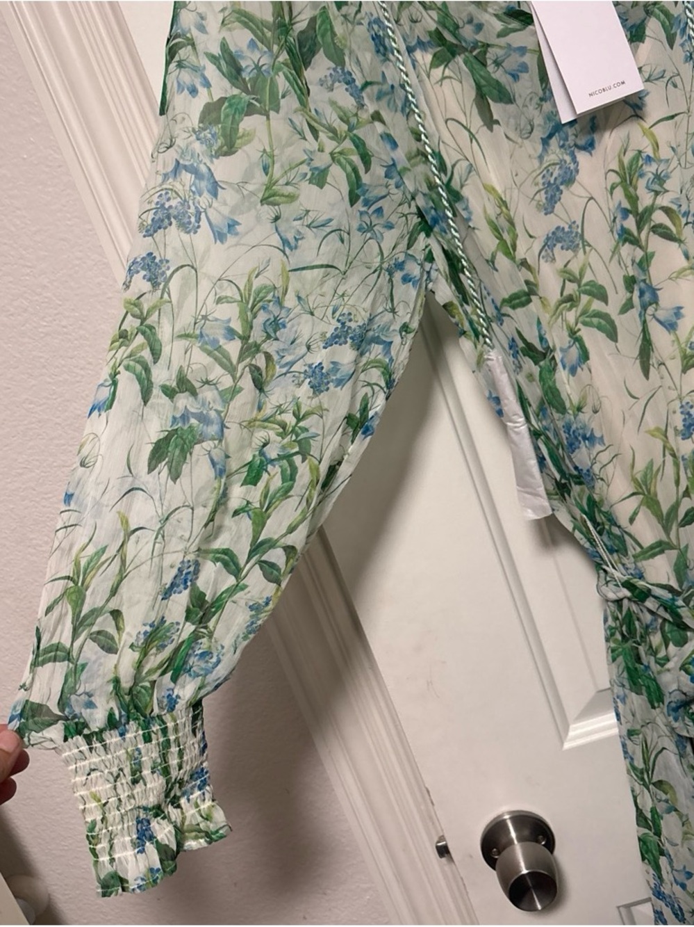 Nicole Sheer Green and Blue Floral Wrap Jumpsuit - Picture 4 of 7